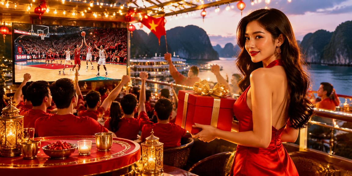 Người dùng theo dõi giải esports và đặt cược trực tuyến với khung cảnh vịnh Hạ Long