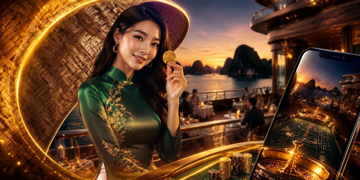 Người dùng chơi casino trên điện thoại di động với phong cảnh vịnh Hạ Long phía sau