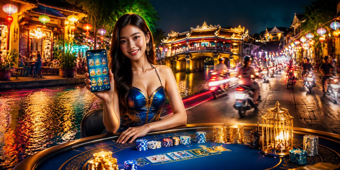 Người dùng trải nghiệm casino trực tuyến trên điện thoại tại Hội An về đêm