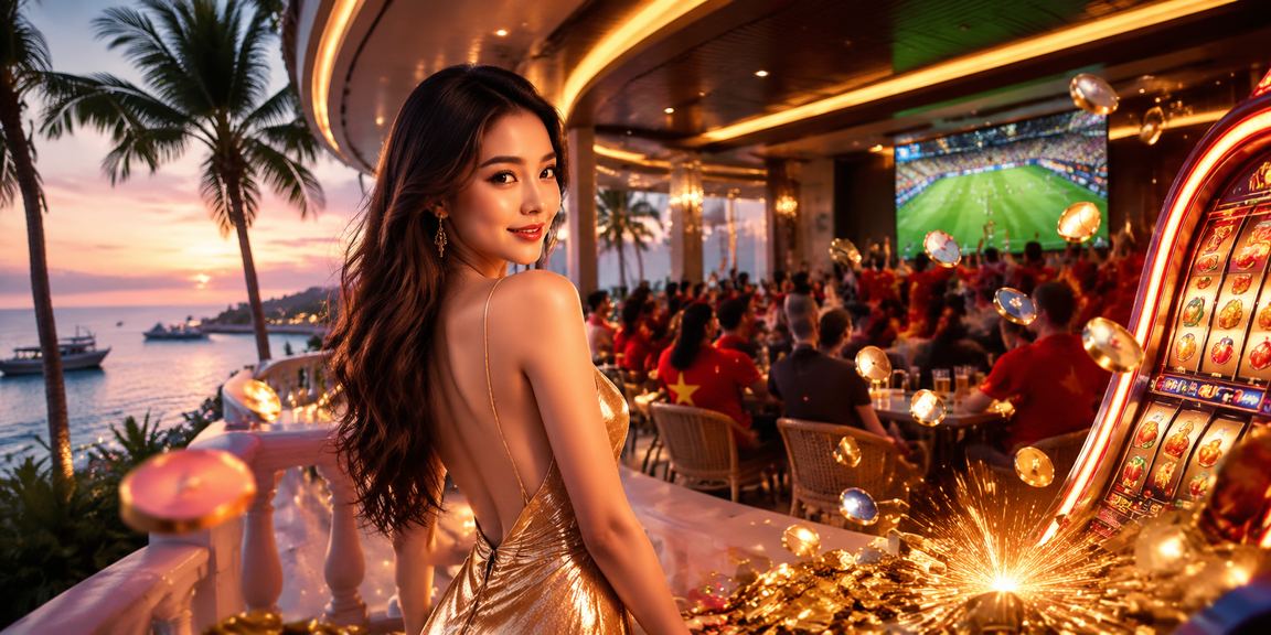 Màn hình slot game trên nền biển Phú Quốc lúc hoàng hôn, minh họa trải nghiệm cá cược di động