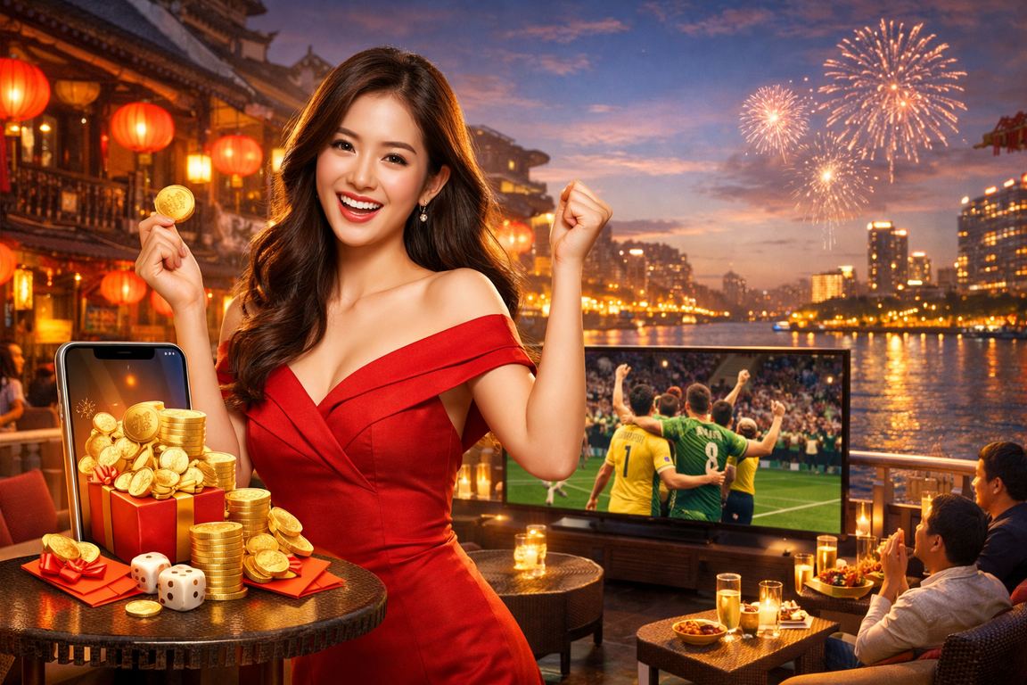 Cảnh đèn lồng Sài Gòn về đêm, người dùng đăng ký tài khoản và khám phá ưu đãi game mới